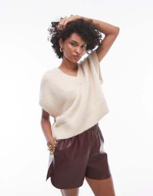 knit v-neck seam front off shoulder relaxed vest in oat-Neutral