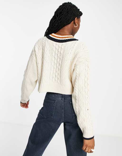 Topshop knit varsity cable sweater in cream