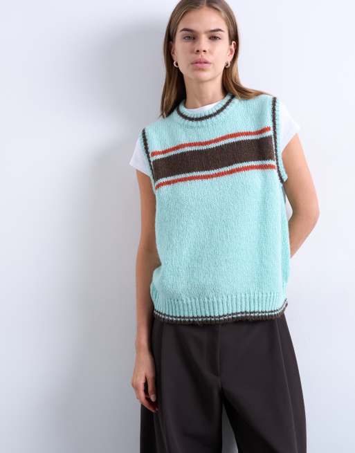 Topshop knit vintage striped sweater vest in turquoise