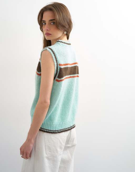 Topshop knit vintage striped sweater vest in turquoise, 2 of 4