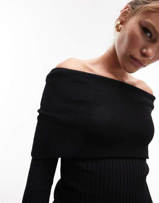 Topshop knit viscose off shoulder top in black