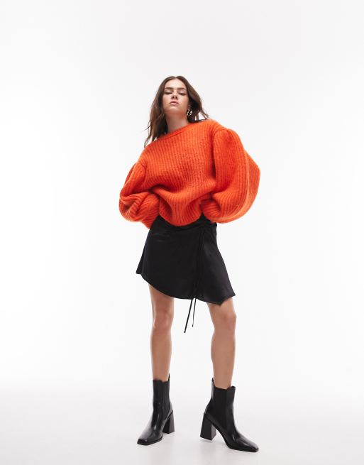 Topshop knit volume sleeve fluffy sweater in orange