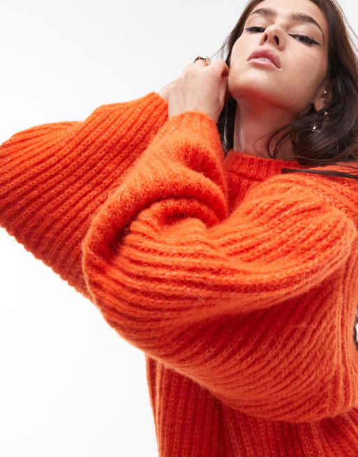 Topshop knit volume sleeve fluffy sweater in orange