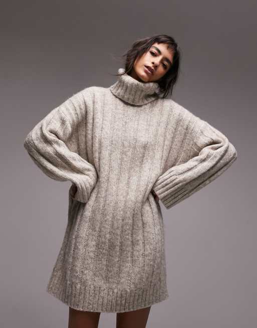 Topshop knit wide ribbed turtle neck dress in mink | ASOS