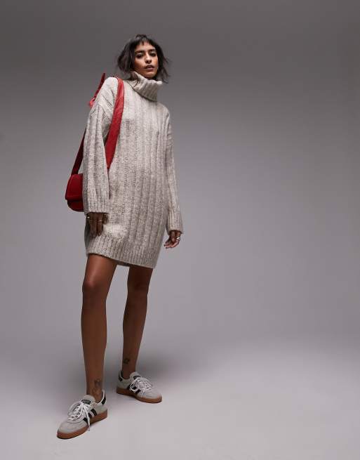 Topshop knit wide ribbed turtle neck dress in mink, 4 of 4