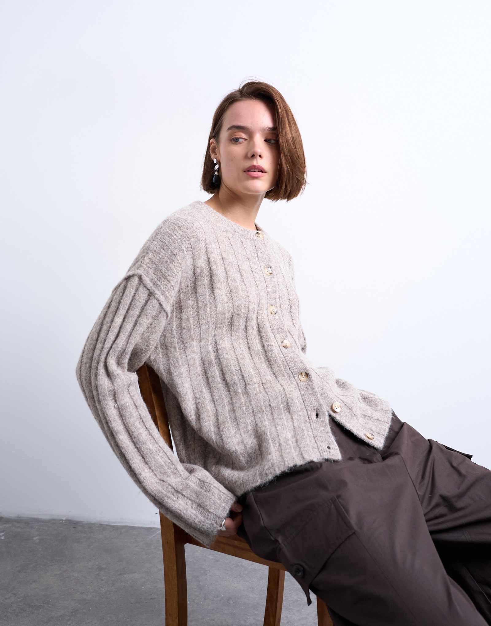 Вязаный от Topshop широкий кардиган в рубчик из овса