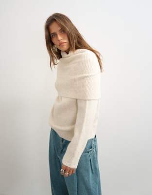 Topshop Knit Wool Blend Deep Fold Bardot Sweater In Neutral