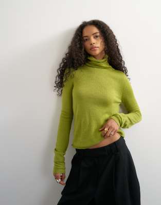 Topshop Knit Wool Blend Double Layer Sheer Turtleneck Top In Green