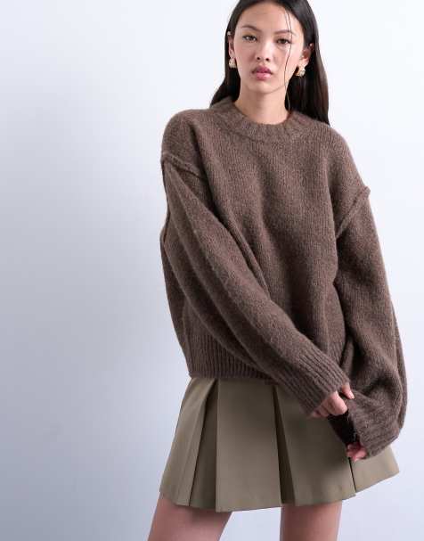 Topshop knit wool blend fluffy exposed seams easy sweater in brown - view 1