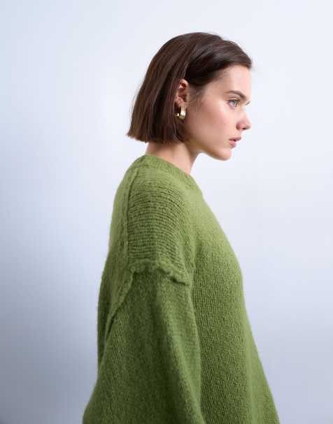 Topshop knit wool blend fluffy exposed seams easy sweater in green - view 1