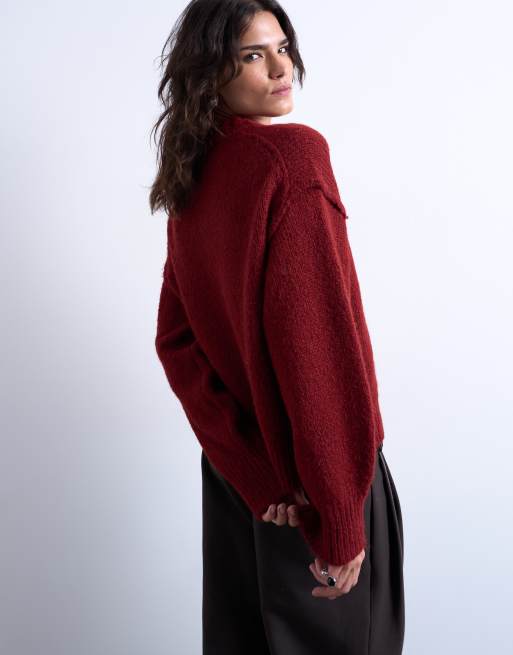 Topshop knit wool blend fluffy exposed seams easy sweater in red, 3 of 4