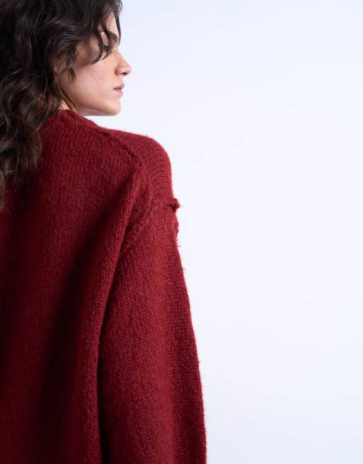 Topshop knit wool blend fluffy exposed seams easy sweater in red, 4 of 4