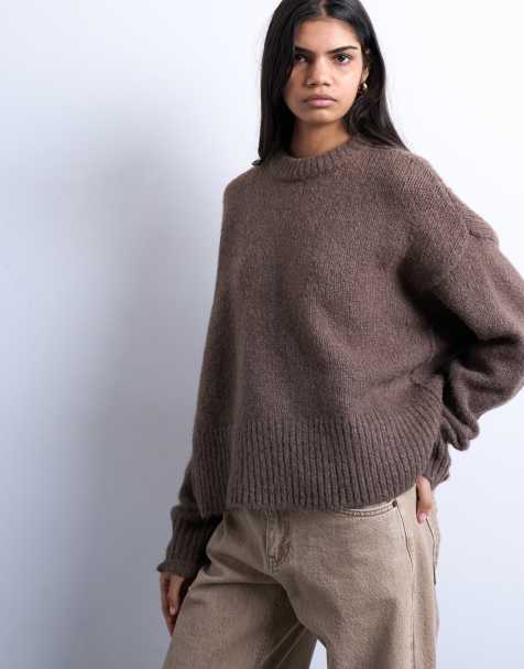 Topshop knit wool blend fluffy ultimate sweater in mocha - view 1