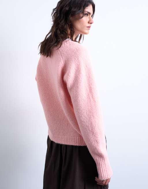 Topshop knit wool blend fluffy v neck sweater in pink, 4 of 4