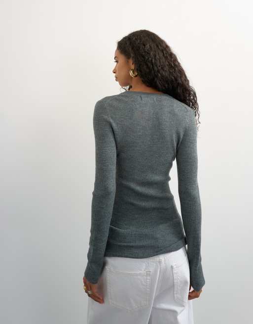 Topshop knit wool blend henley neck long sleeve top in charcoal, 4 of 4