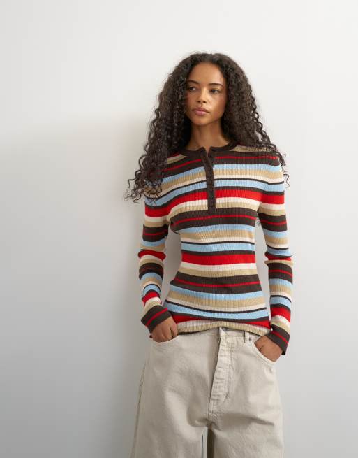 Topshop knit wool blend henley neck long sleeve top in multi stripes, 3 of 4