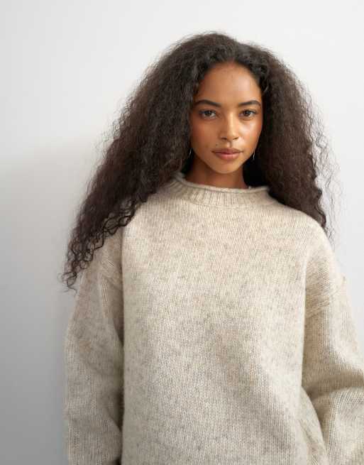 Topshop knit wool blend roll edge longline chunky sweater in oat, 2 of 4