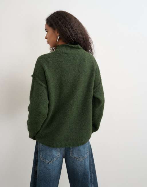 Topshop knit wool blend roll edge longline chunky sweater in olive, 2 of 4
