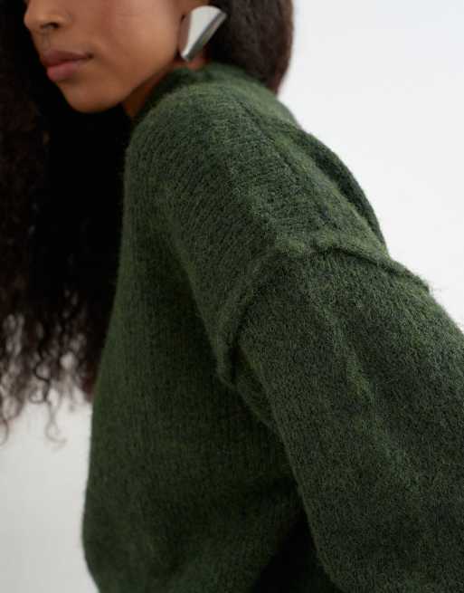 Topshop knit wool blend roll edge longline chunky sweater in olive, 3 of 4