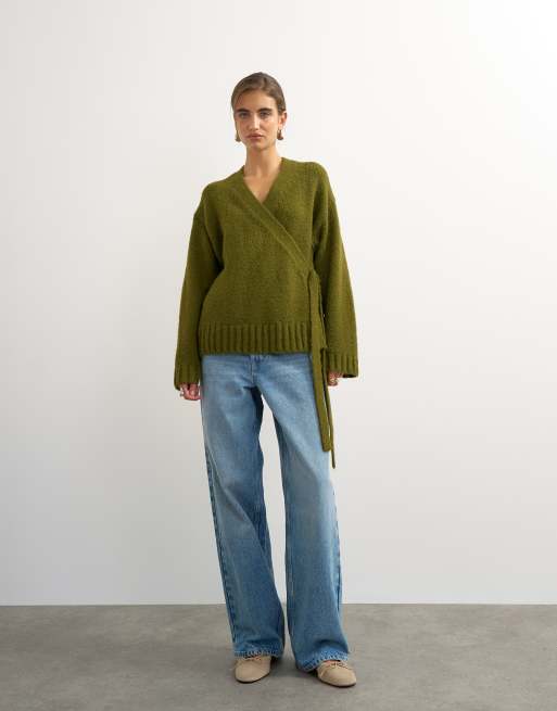 Topshop knit wrap boxy cardigan with wool in moss, 2 of 4