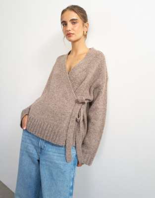 Topshop Knit Wrap Boxy Cardigan With Wool In Neutral