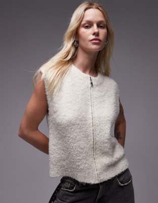 knit zip up boucle crew neck tank top in ivory-Neutral