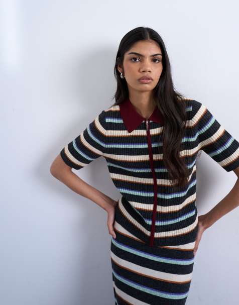Topshop knit zip up multi stripe polo in burgundy - part of a set - view 1
