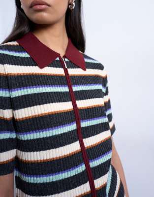 Topshop Knit Zip Up Multi Stripe Polo In Red