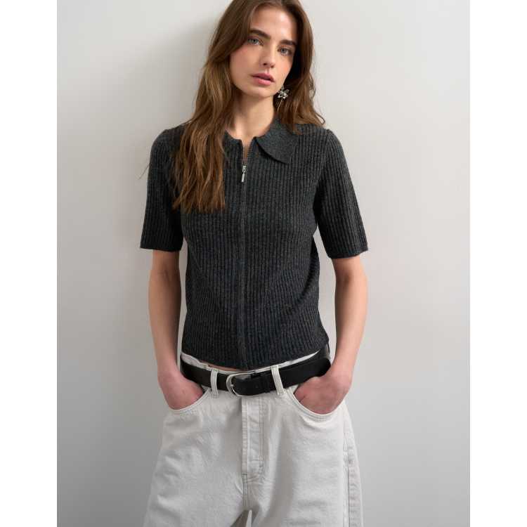 Topshop knit zip up polo top in charcoal - part of a set | ASOS