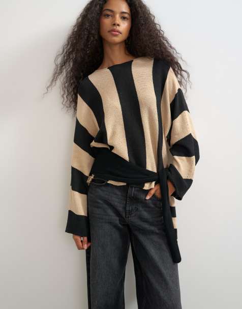 Topshop knited long sleeve tie front jumper in mono stripe - view 1