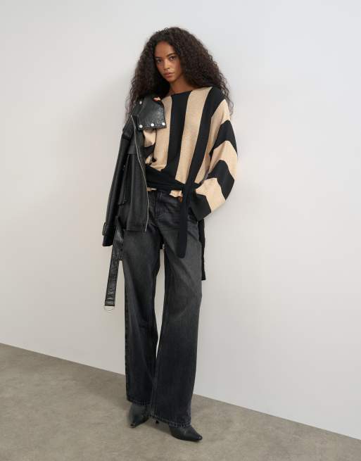 Topshop knited long sleeve tie front jumper in mono stripe, 2 of 4