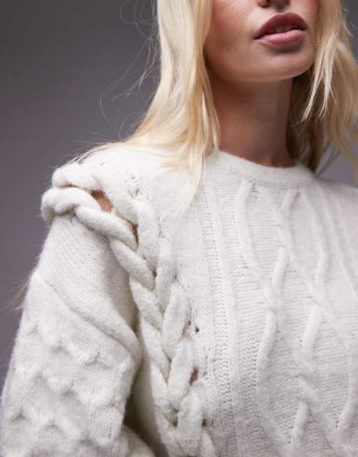 Topshop knitted 3D cable relaxed jumper in ivory, 2 of 4