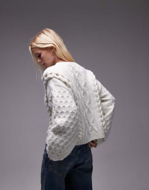 Topshop knitted 3D cable relaxed jumper in ivory, 3 of 4