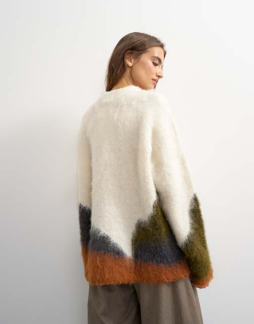 Topshop knitted abstract color block stripe crew neck sweater in ivory multi, 3 of 4