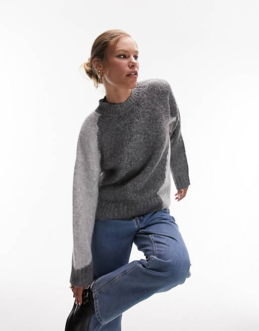 Topshop knitted abstract crew neck jumper in grey | ASOS
