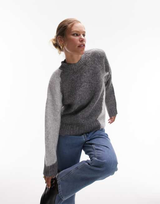 Topshop knitted abstract crew neck sweater in gray