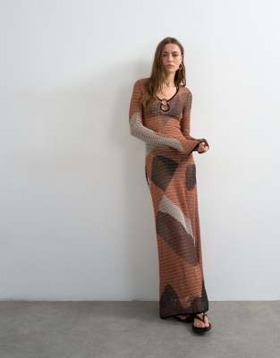 Knitted abstract mesh long sleeve maxi dress in burnt orange | Topshop