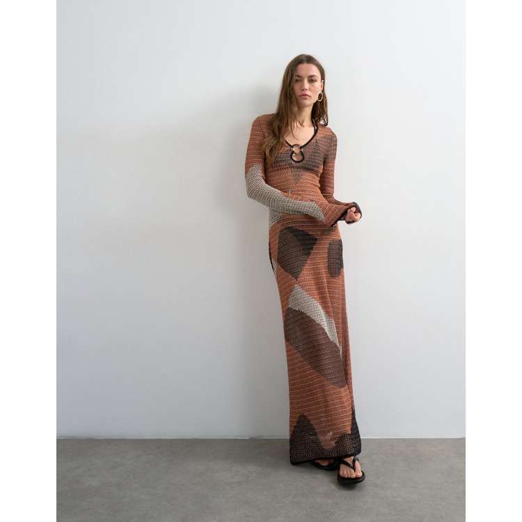 Topshop knitted abstract mesh long sleeve maxi dress in burnt orange | ASOS