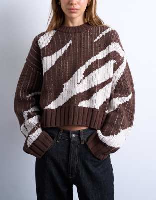 Topshop Women's Chocolate Knitted Abstract Print Jumper In -Brown