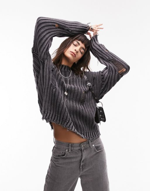 Topshop knitted acid wash ribbed sweater in black