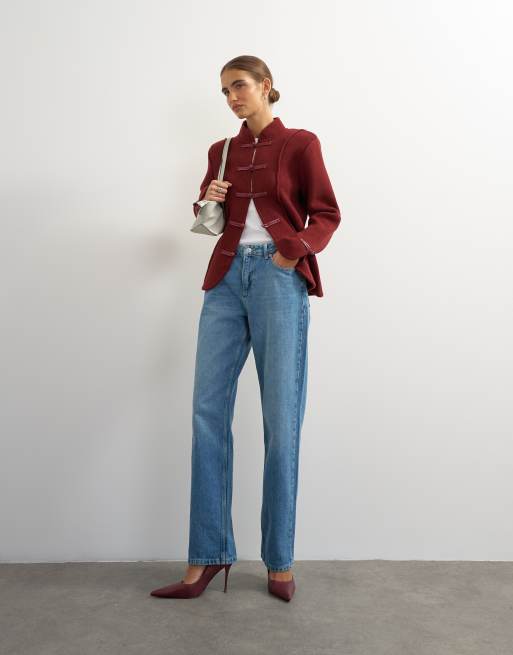 Topshop knitted all needle frogging detail jacket in red, 2 of 4
