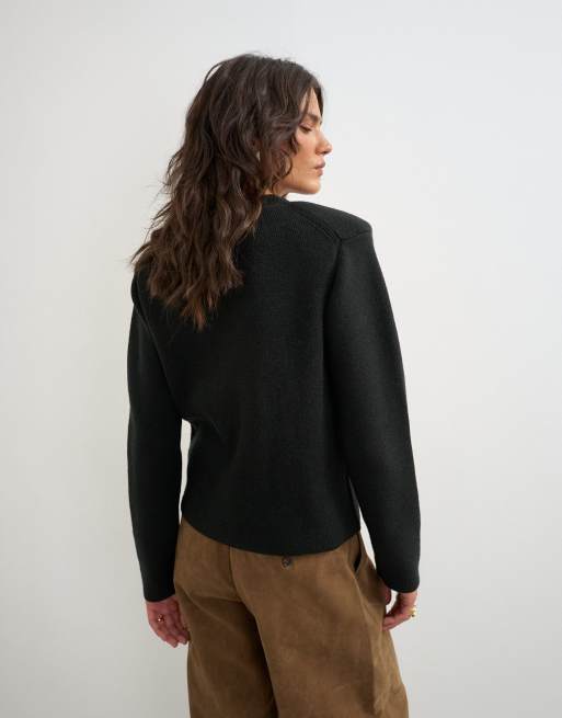 Topshop knitted all needle shoulder padded jumper in black, 4 of 4