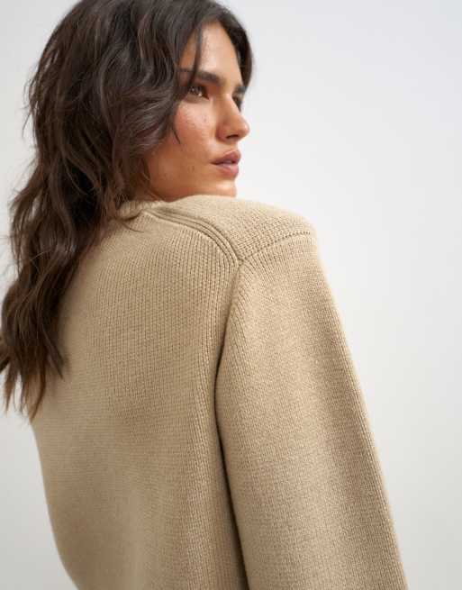 Topshop knitted all needle shoulder padded jumper in oat, 3 of 4