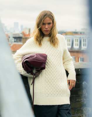 Topshop Topshop knitted all over cable oversized mini dress in ivory-White