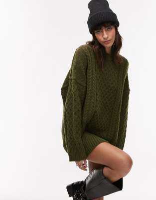 Topshop knitted all over cable oversized mini dress in khaki-Green