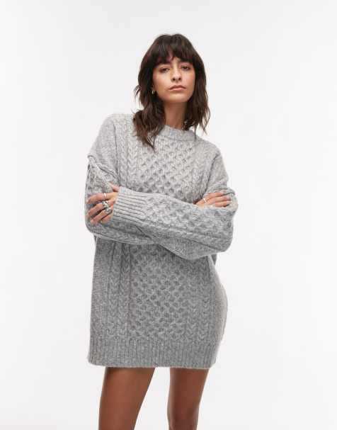 Topshop knitted all over cable oversized mini dress in light grey marl - view 1