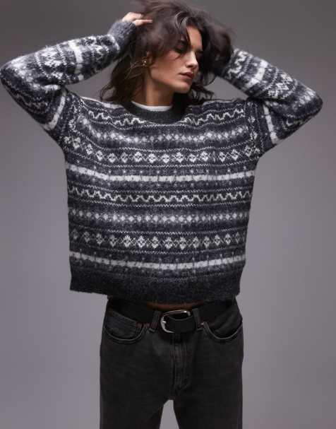 Topshop knitted all over fairisle print oversized sweater in gray - view 1