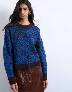 Knitted animal print cardigan in blue
