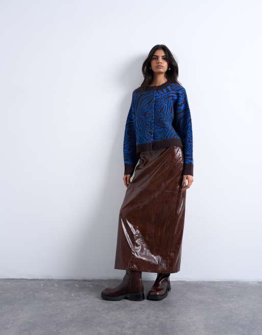 Topshop knitted animal print cardigan in blue, 2 of 4