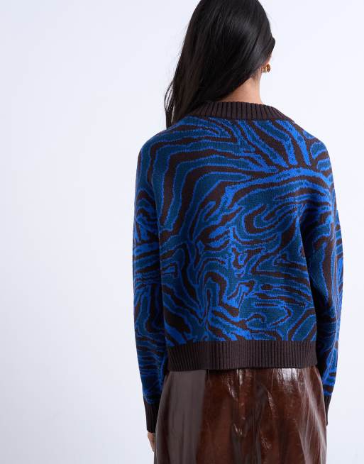 Topshop knitted animal print cardigan in blue, 4 of 4